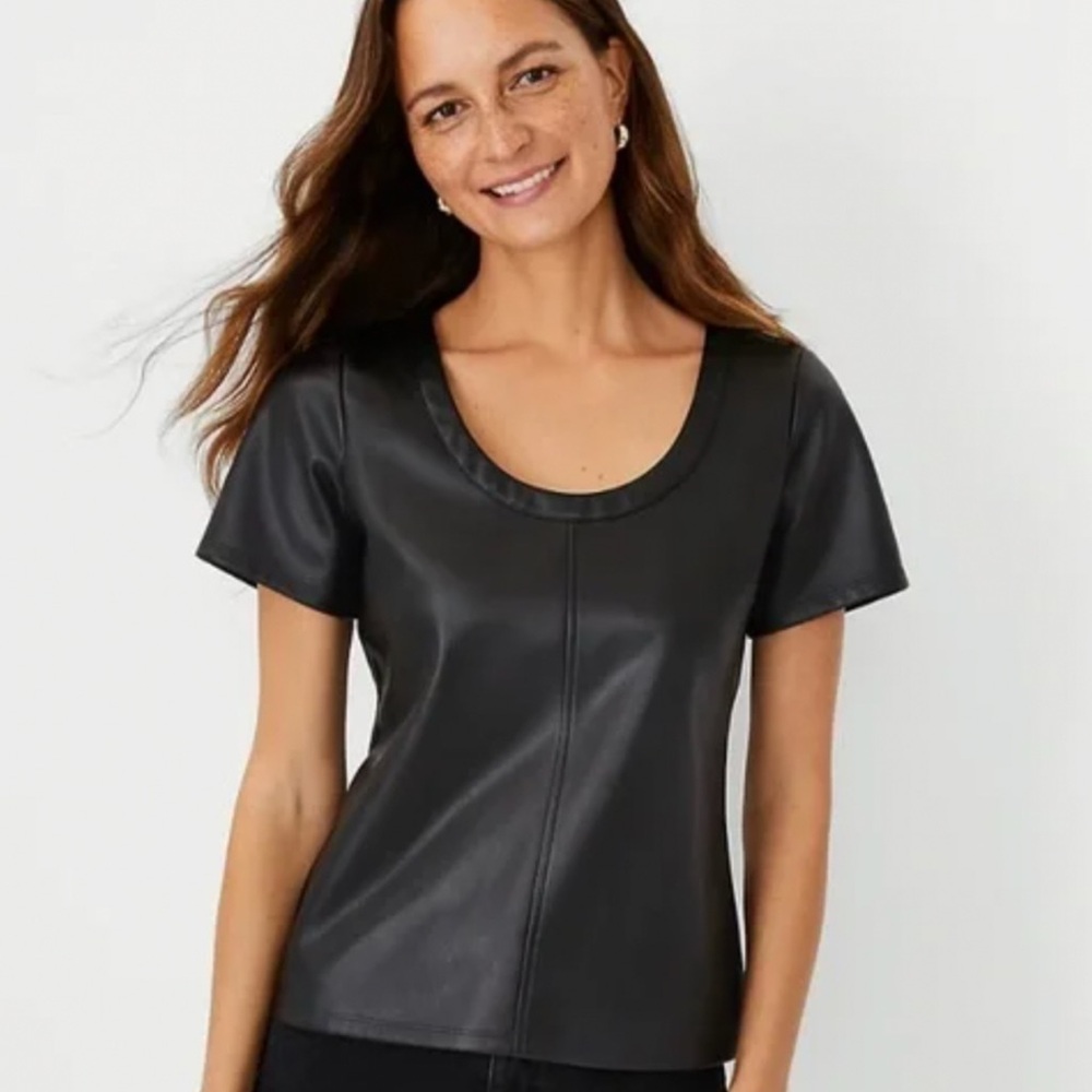 Ann Taylor Black Fitted Short Sleeve Faux Leather T-Shirt